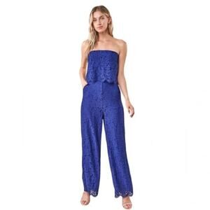 Sugar Lips Blue Lust for Luv Strapless Lace Lined Jumpsuit Pockets Medium NWT